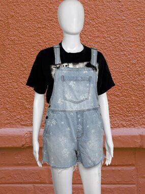 Vintage Denim Short Overalls‎ Distressed Light Wash Dungarees Summer Romper - 2
